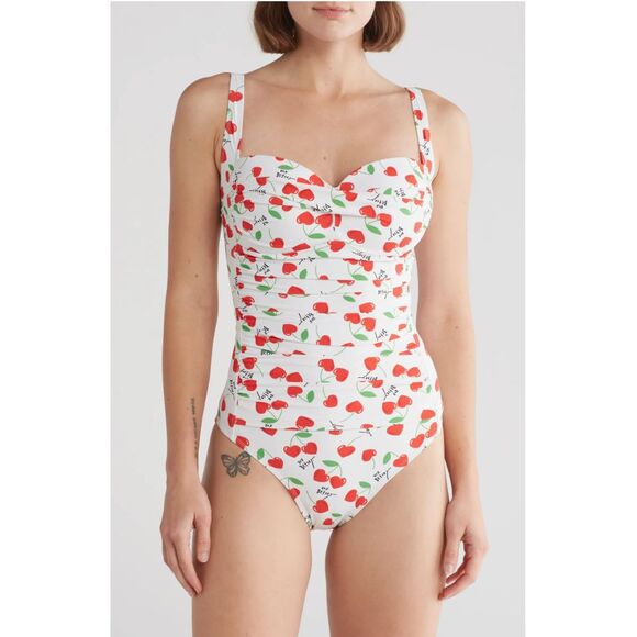 BETSEY‎ JOHNSON One-Piece Swimsuit Women's Size M White Cherry Bomb Bandeau NWOT